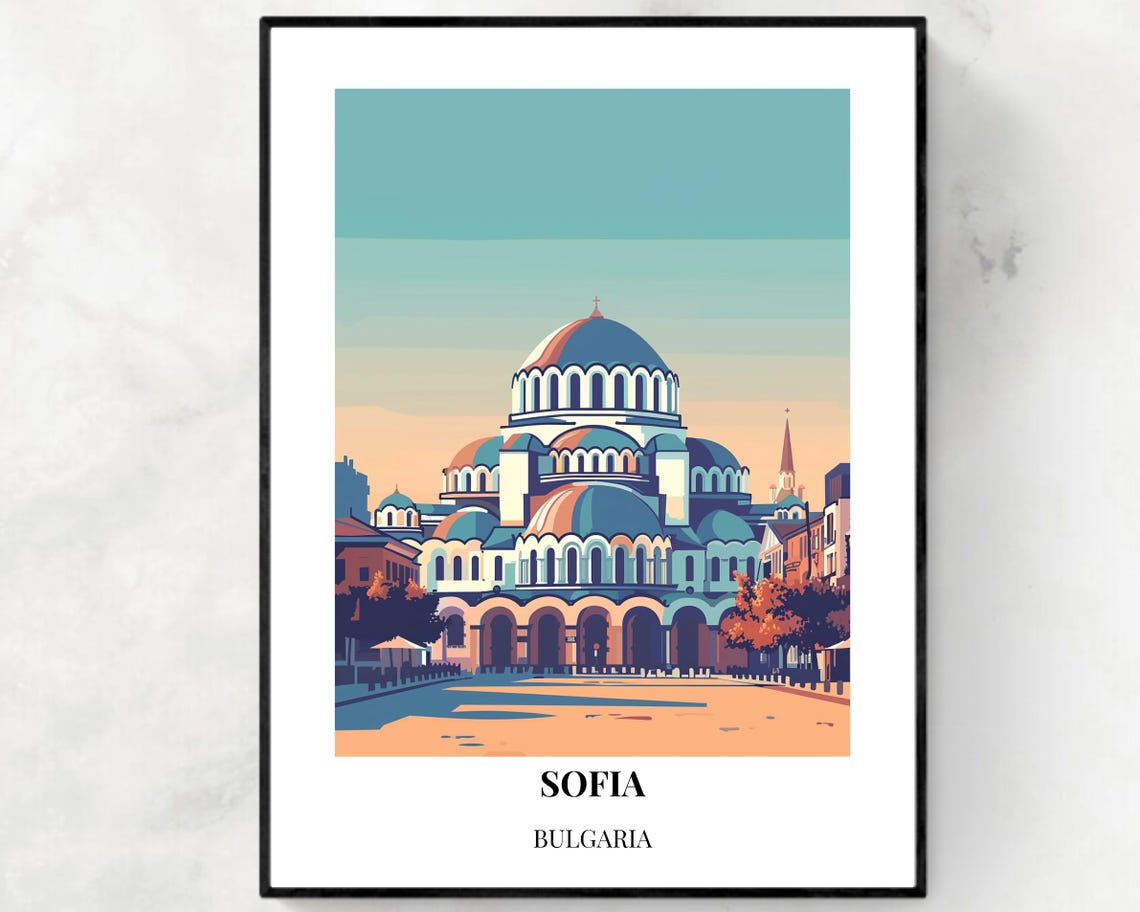 Sofia Bulgaria Alexander Nevsky Cathedral Sunset Vintage Travel Poster