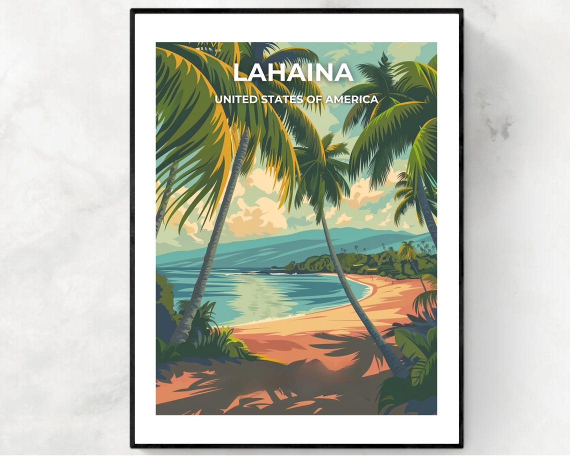 Lahaina USA Tropical Beach Palm Fronds Ocean Bay Sunset Print