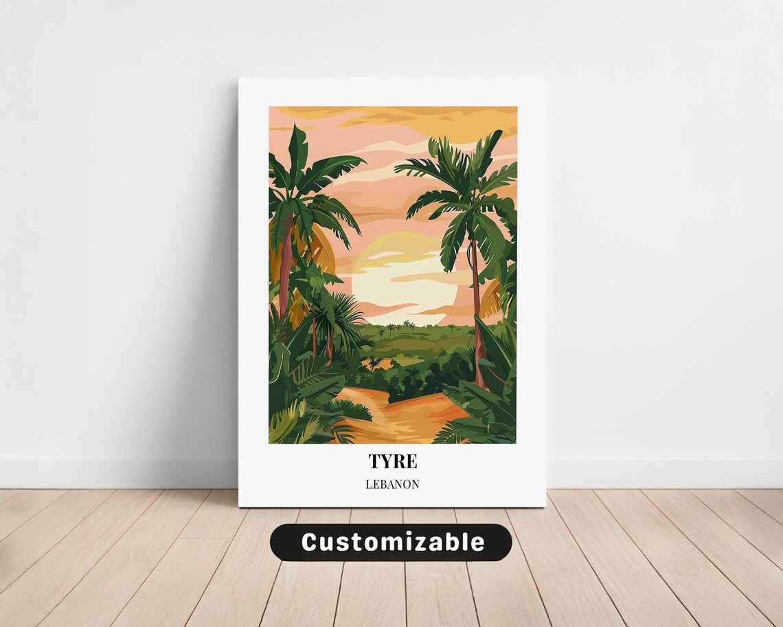 Tropical Tyre Lebanon Palm Tree Sunset Landscape Travel Art Poster