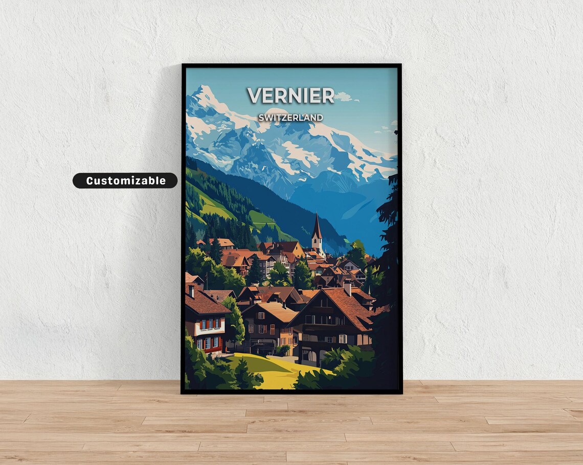 Vernier Switzerland Chalet Village Snow Mountain Custom Travel Poster