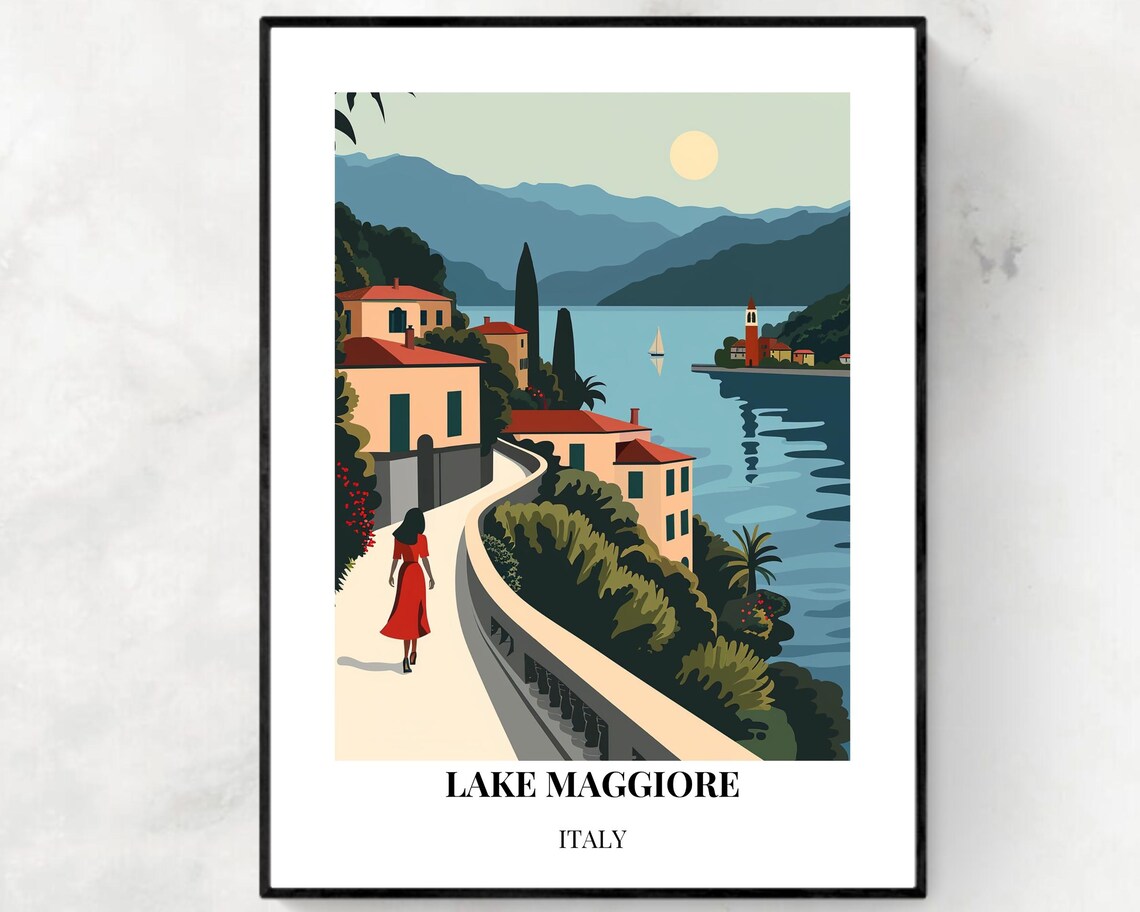 Lake Maggiore Italy Lakeside Path Red Dress Italy Travel Poster