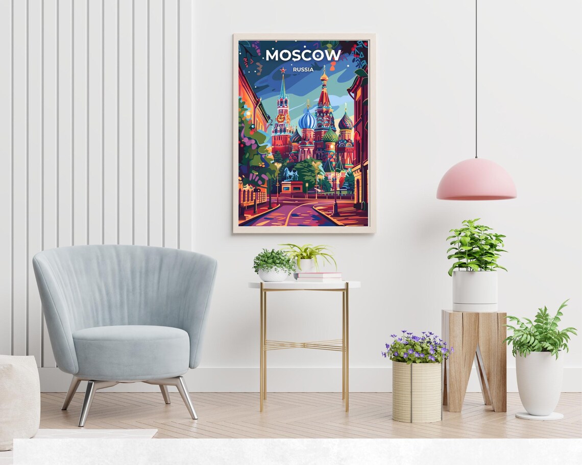 Moscow Russia Nighttime Red Square Landmark Travel Poster Illustrated - Image 2