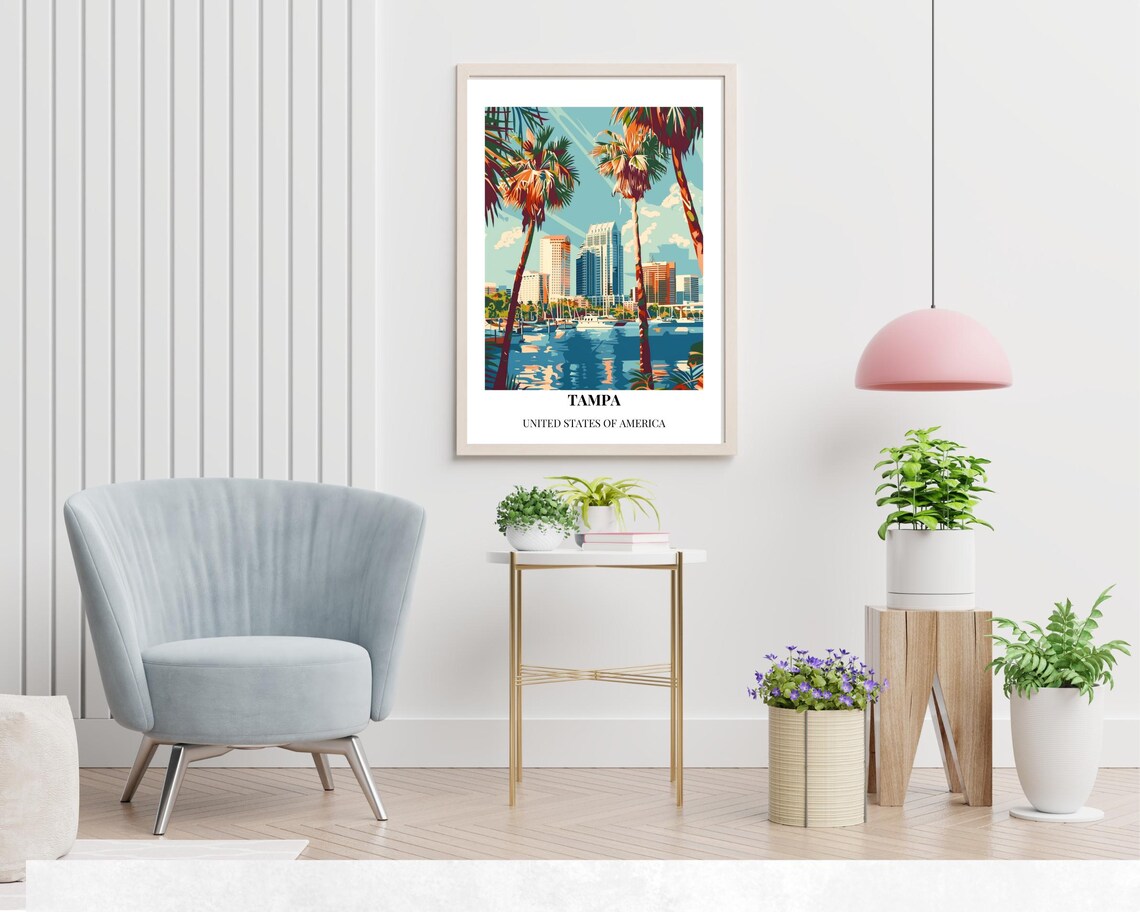 Tampa Florida Palm Trees Marina Skyline Colorful Travel Poster - Image 2