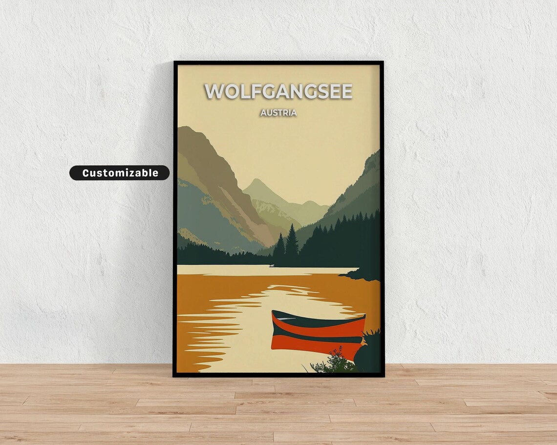 Wolfgangsee Austria Alpine Lake Red Canoe Retro Travel Poster