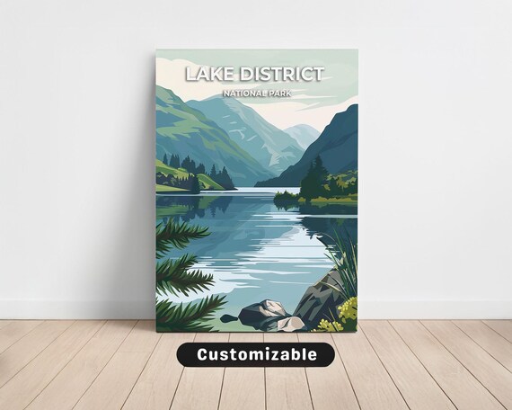 Lake District National Park Green Summer Valley Lake Vintage Travel Poster