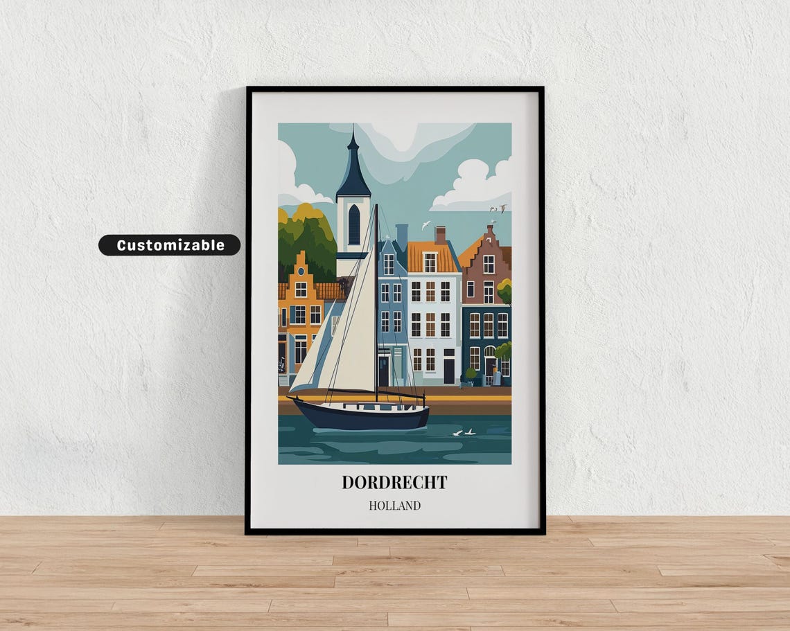 Dordrecht Holland Sailboat Church Harbor Retro Travel Poster Art