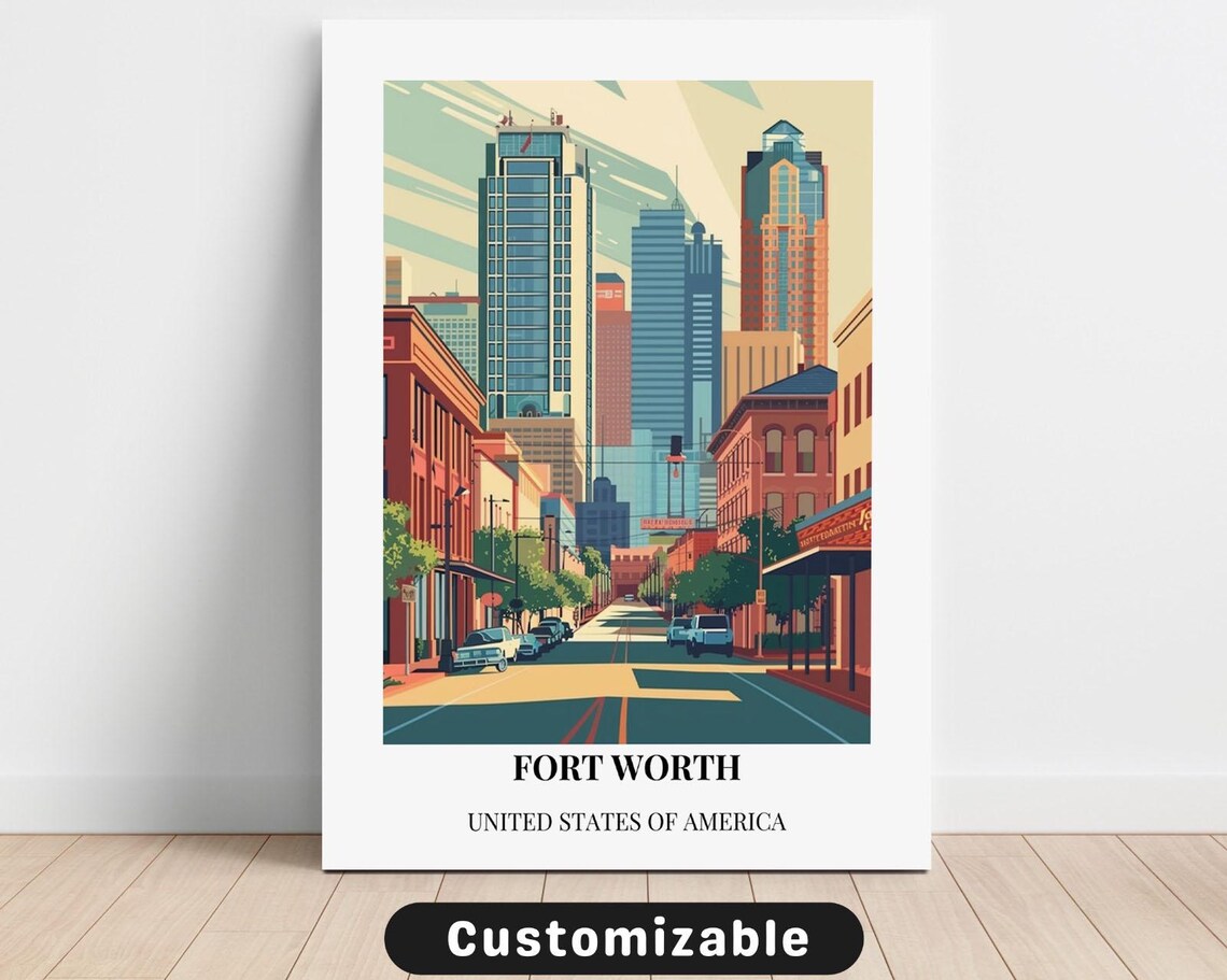 Fort Worth City Street Retro Travel Poster United States of America