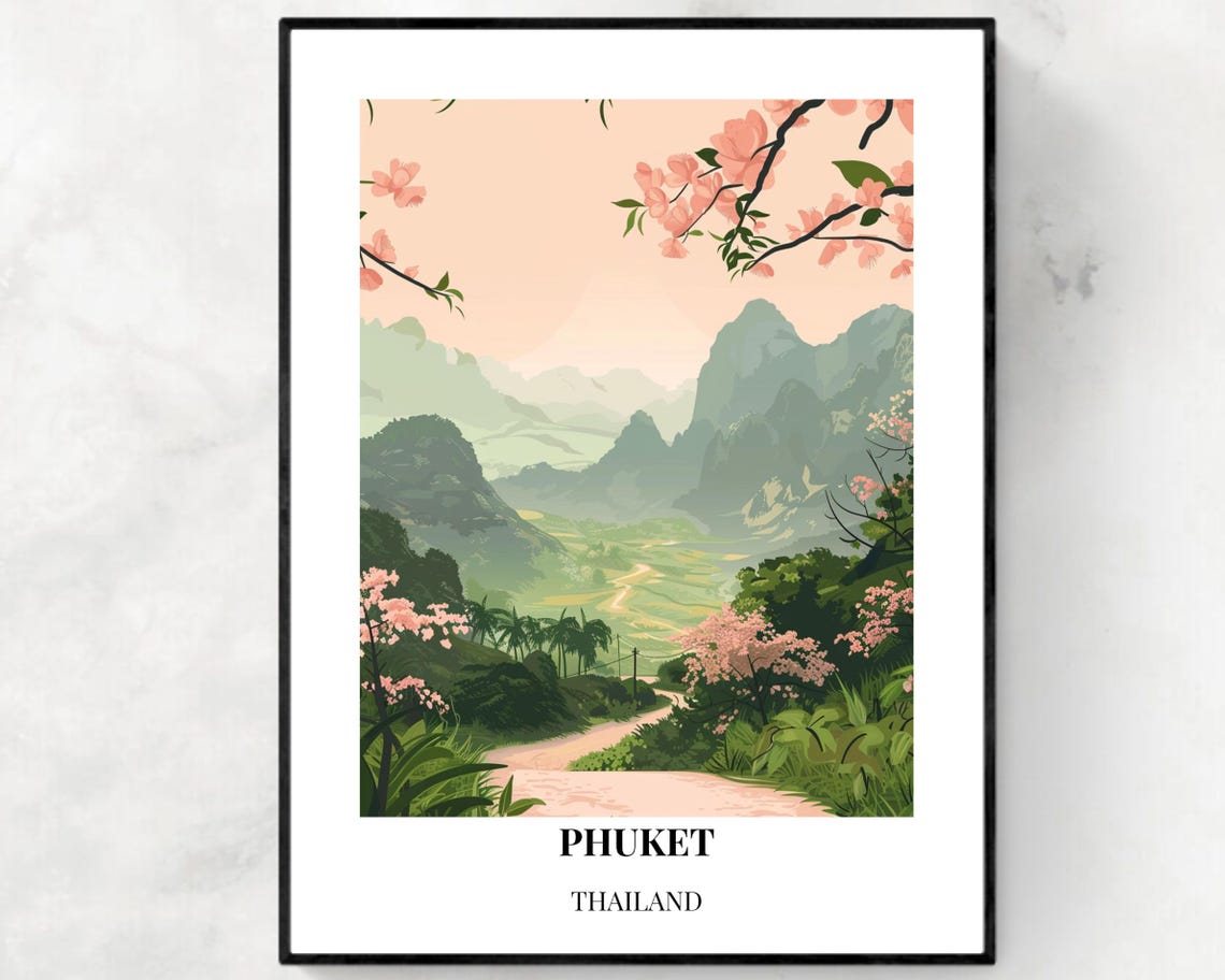 Phuket Thailand Blossom Valley Mountains Soft Pastel Travel Poster