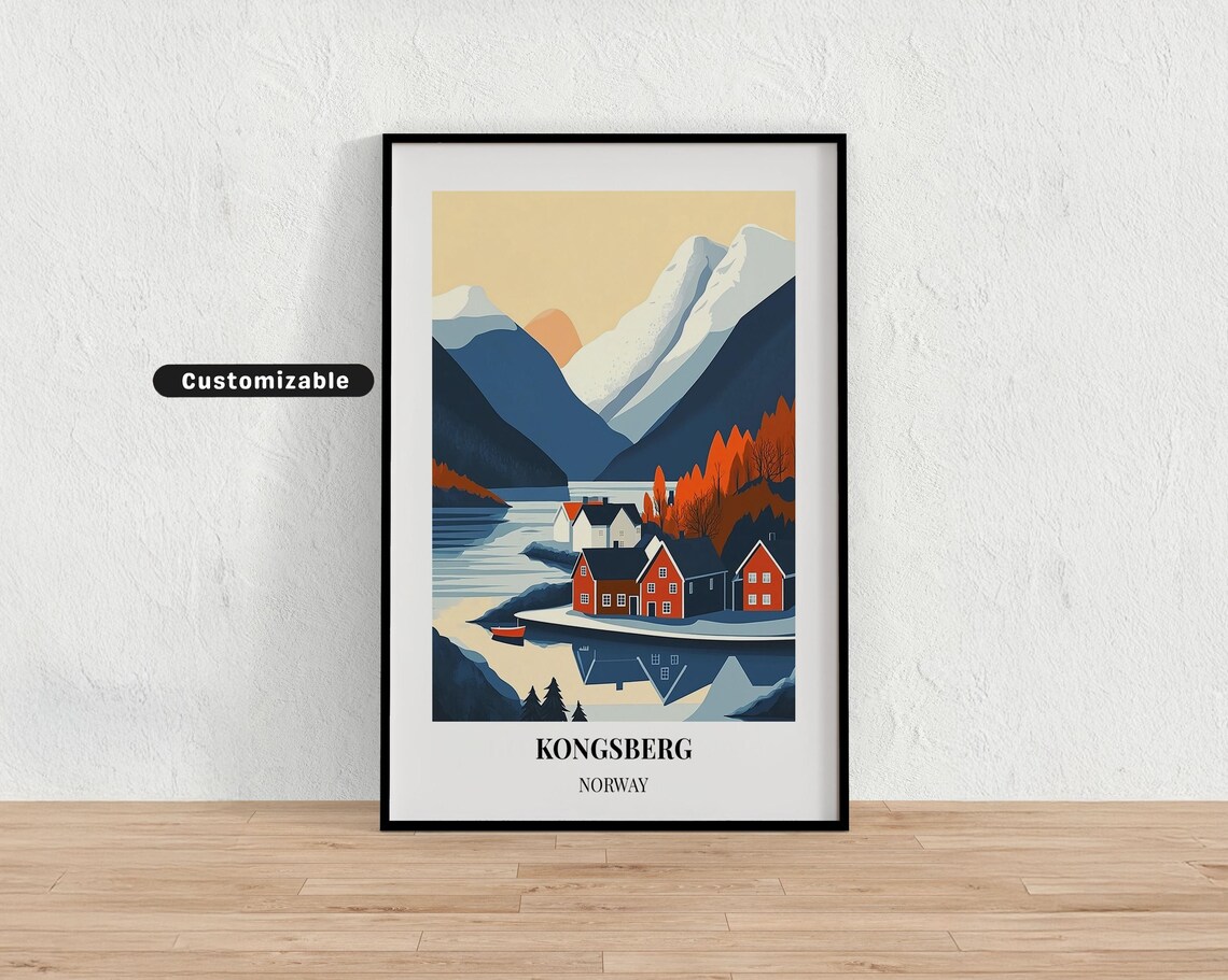 Kongsberg Norway Fjord Cabins Autumn Mountains Scenic Travel Poster