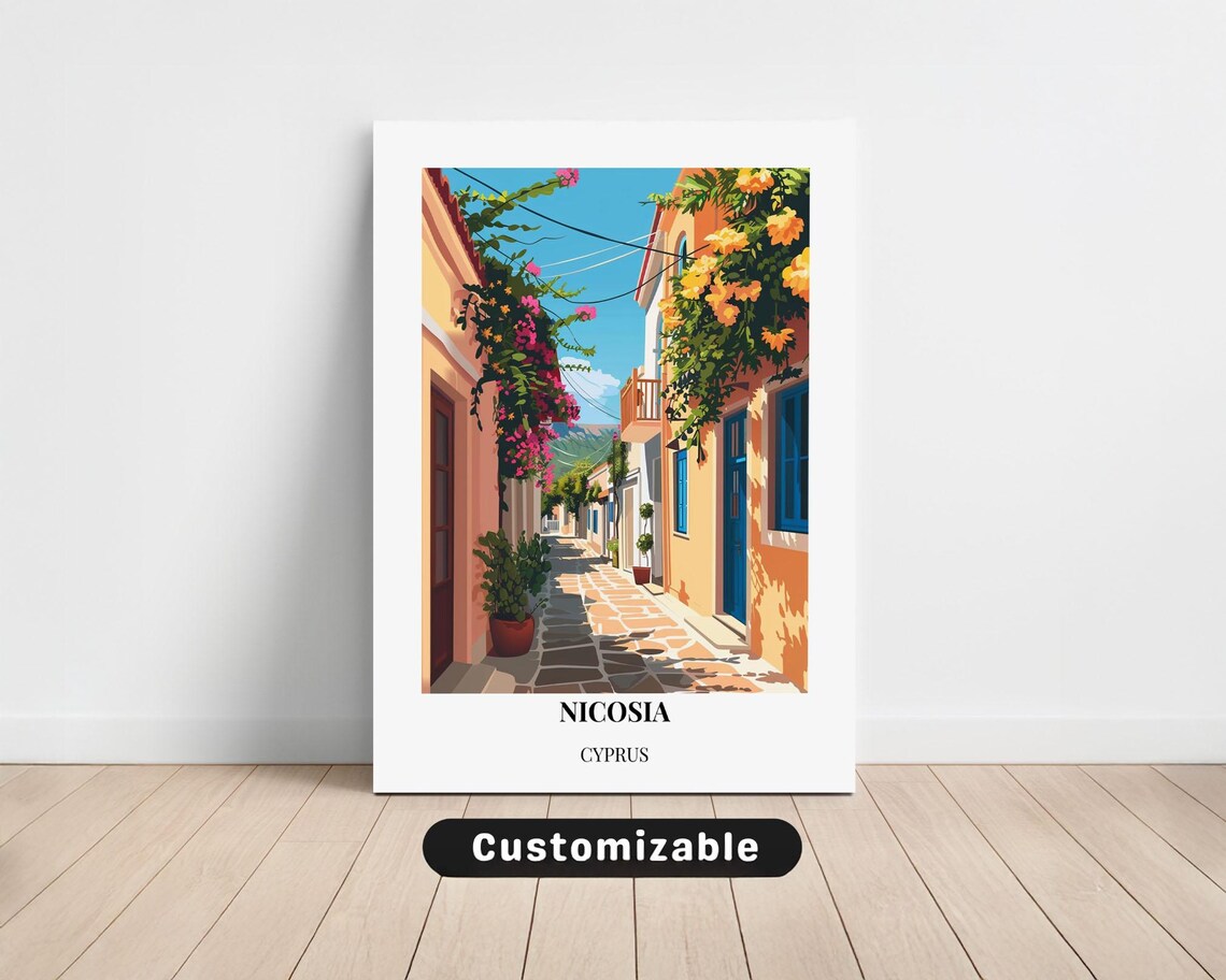 Nicosia Cyprus Sunlit Flowered Street Old Town Travel Poster