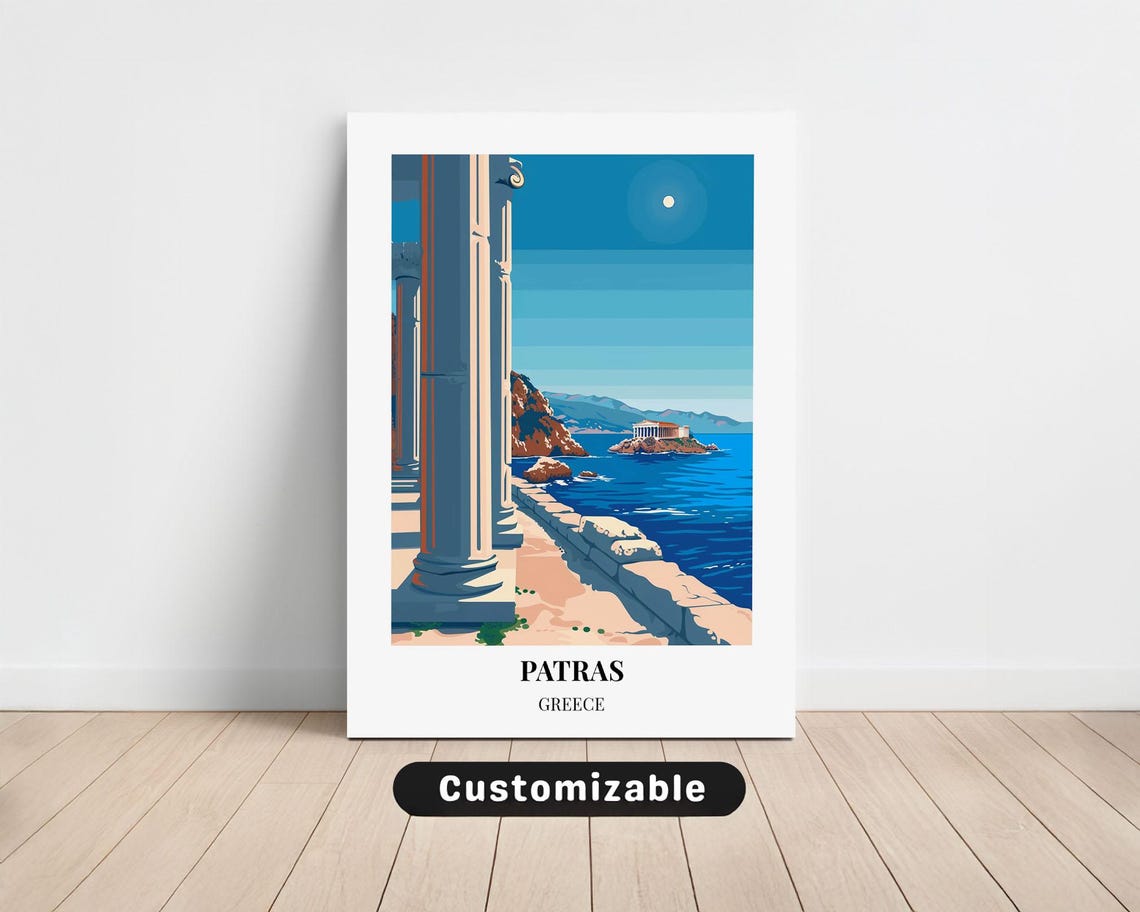 Patras Greece Ancient Columns Coastal Ruins Travel Illustration Poster