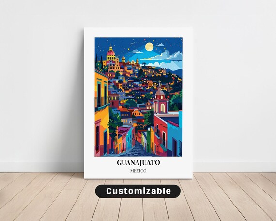 Guanajuato Mexico Moonlit Night Colorful Hillside Town Travel Poster
