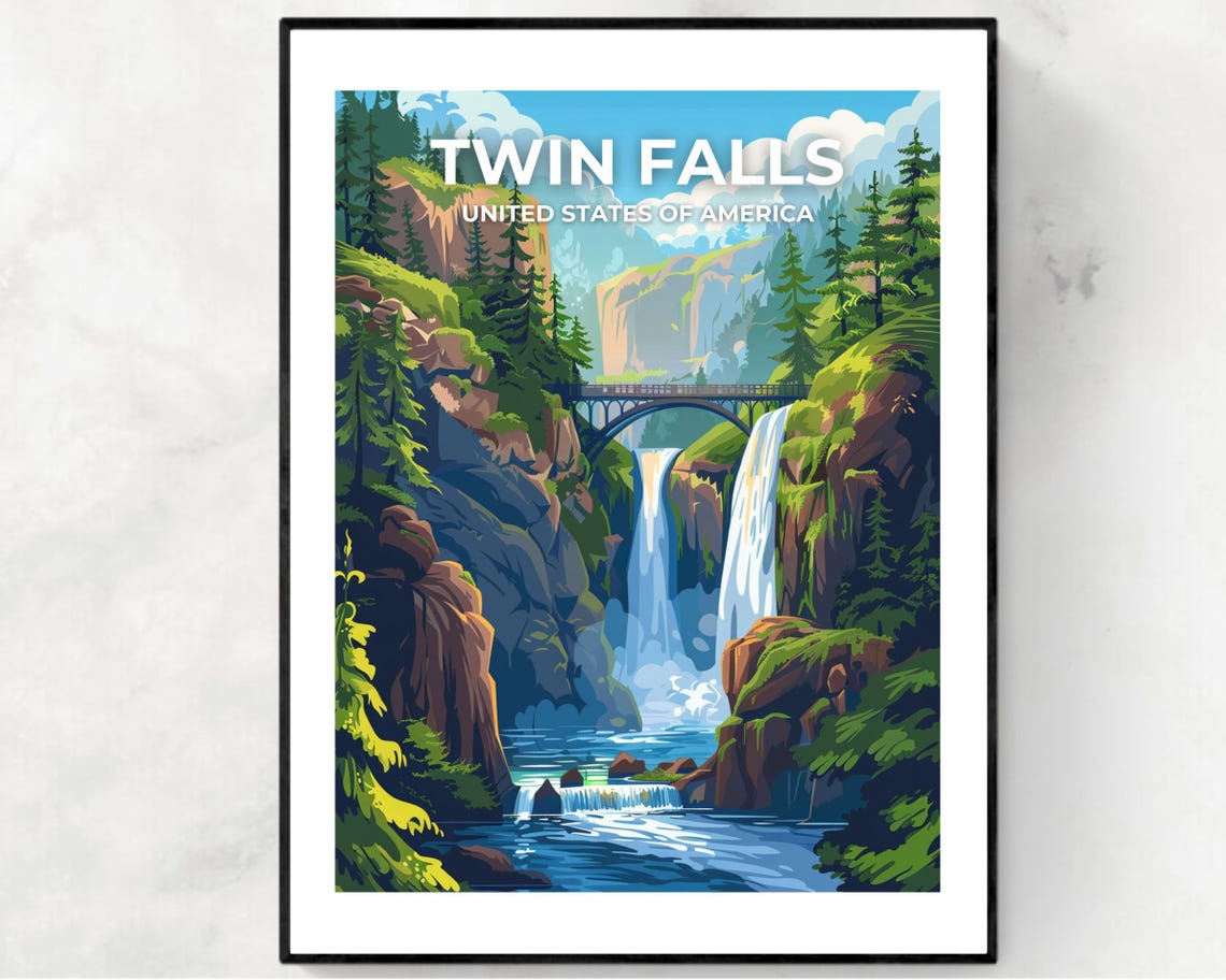Twin Falls Waterfall Bridge Overlook Top Caption Travel Poster