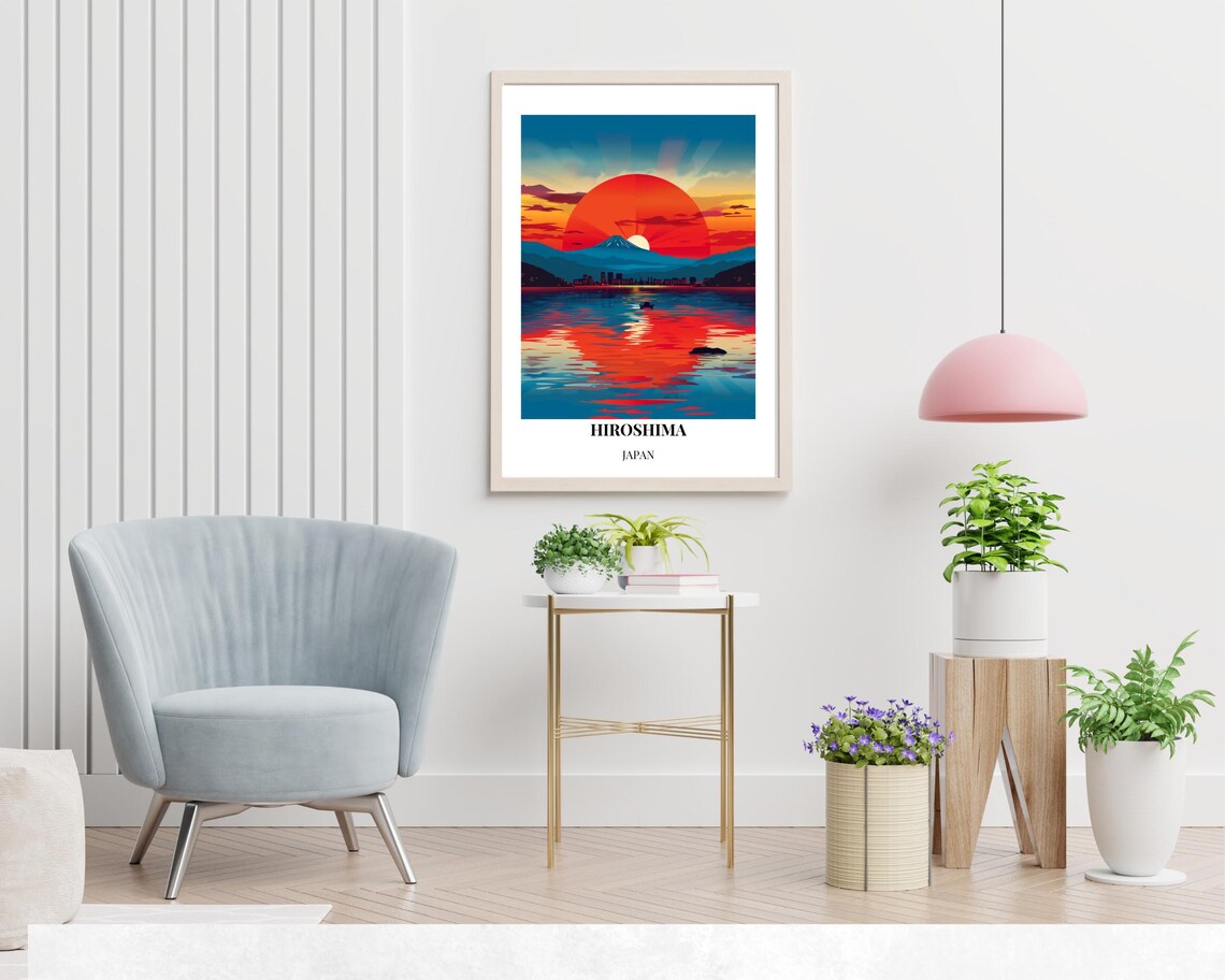 Hiroshima Japan Giant Red Sun Rising Over Bay City Travel Poster - Image 2