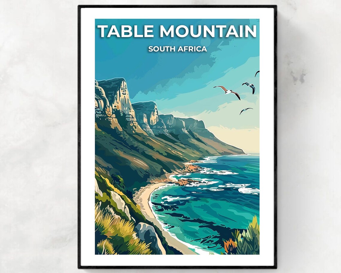 Table Mountain Coastal Cliffs and Ocean South Africa Travel Poster