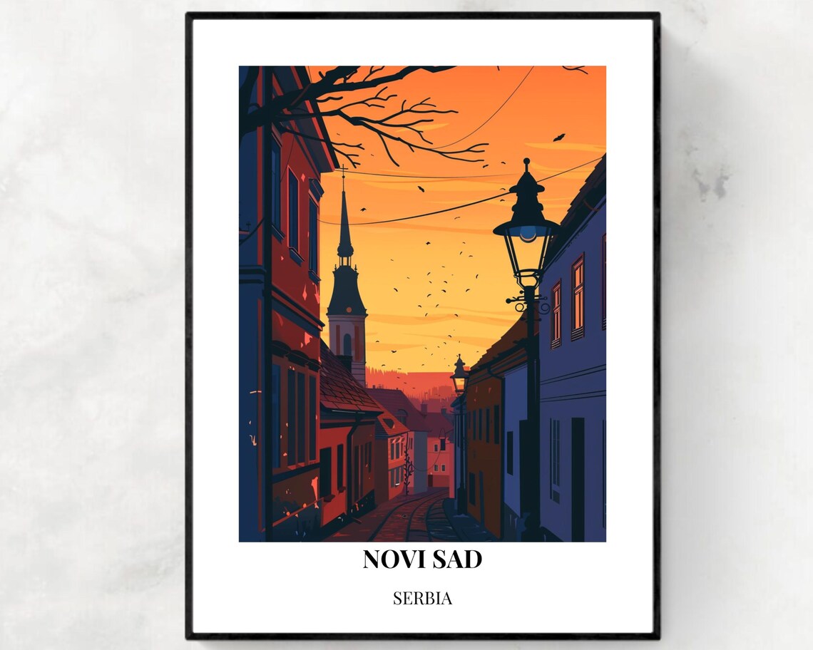 Novi Sad Serbia Old Street Sunset Minimalist Travel Poster Scene