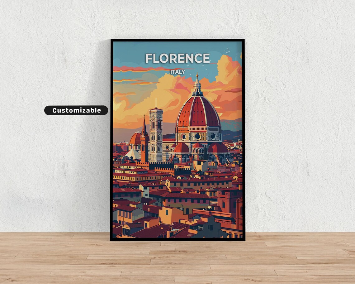 Florence Italy Duomo Cathedral Sunset Cityscape Vintage Travel Poster