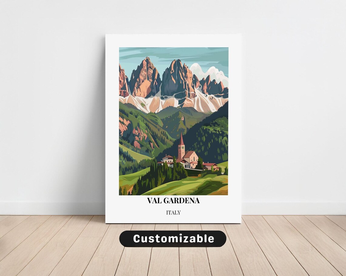 Val Gardena Italy Dolomites Alpine Village Vintage Travel Poster