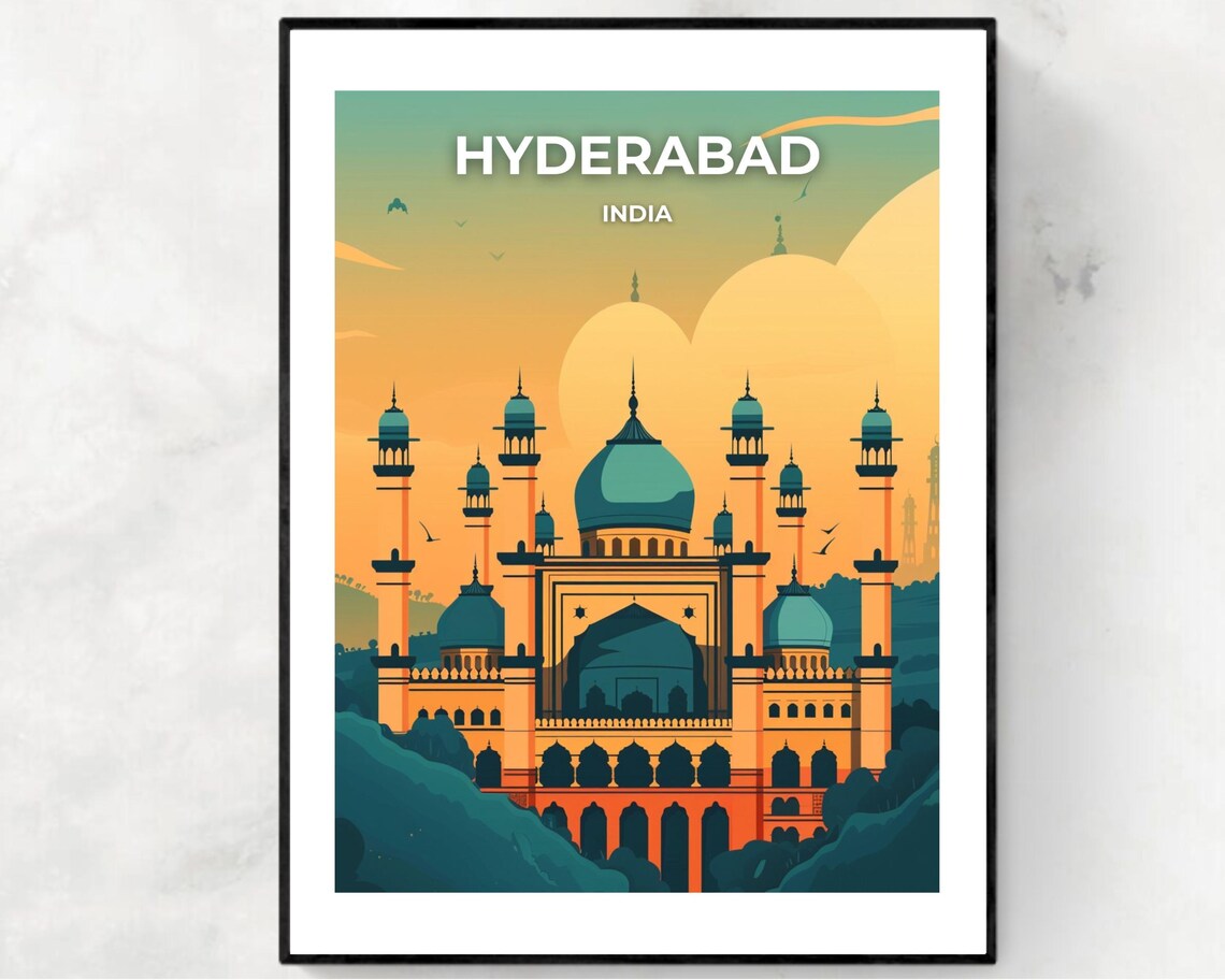 Hyderabad India Teal Dome Grand Mosque Vivid Sunset Travel Poster