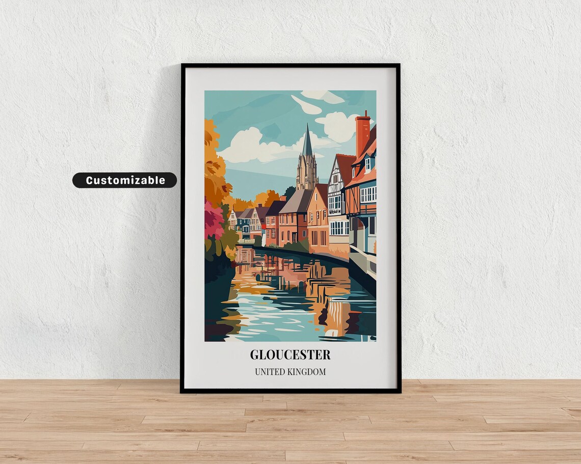 Gloucester United Kingdom Canal Reflection Custom Travel Poster