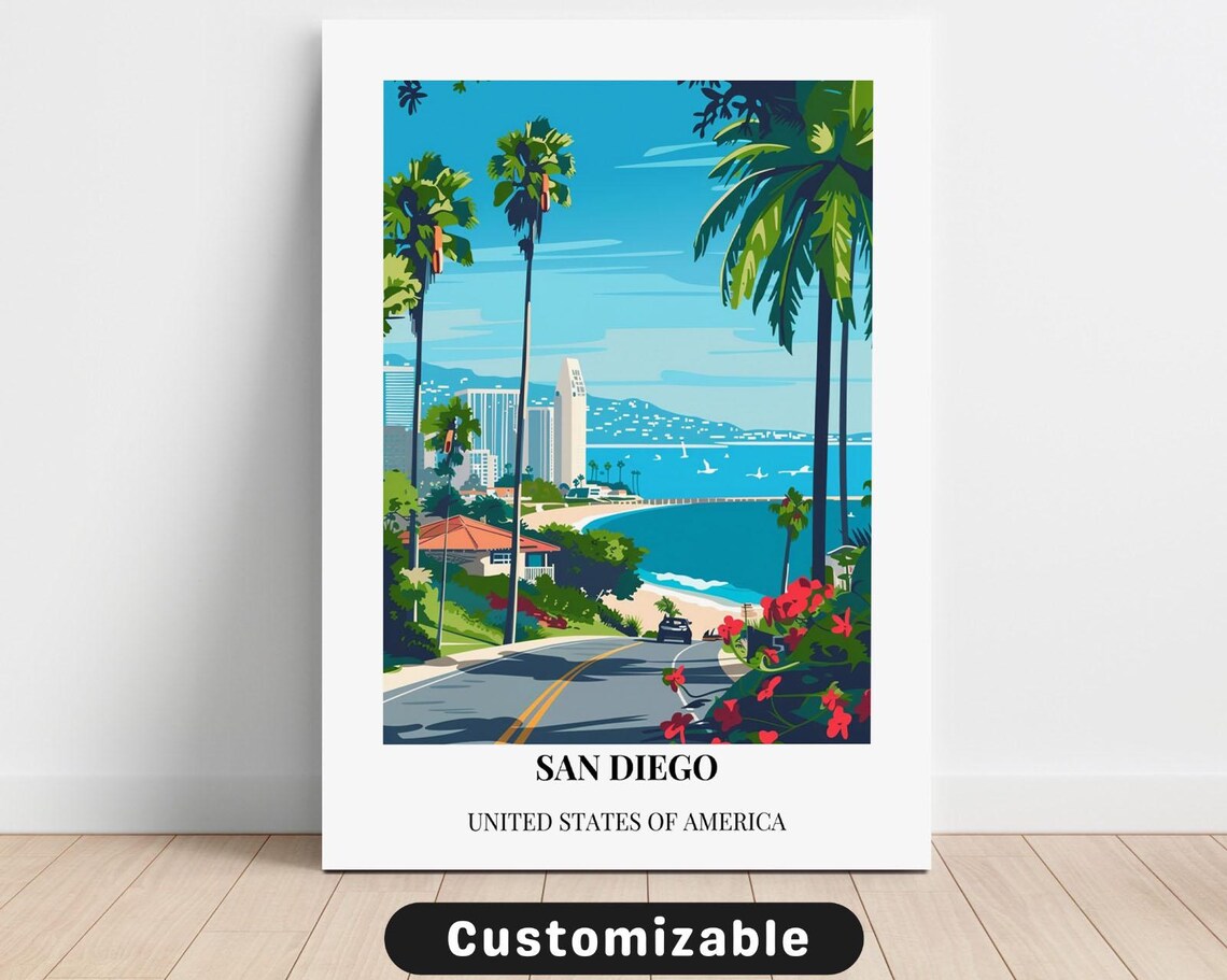 San Diego Palm Trees Ocean View California Retro Travel Poster