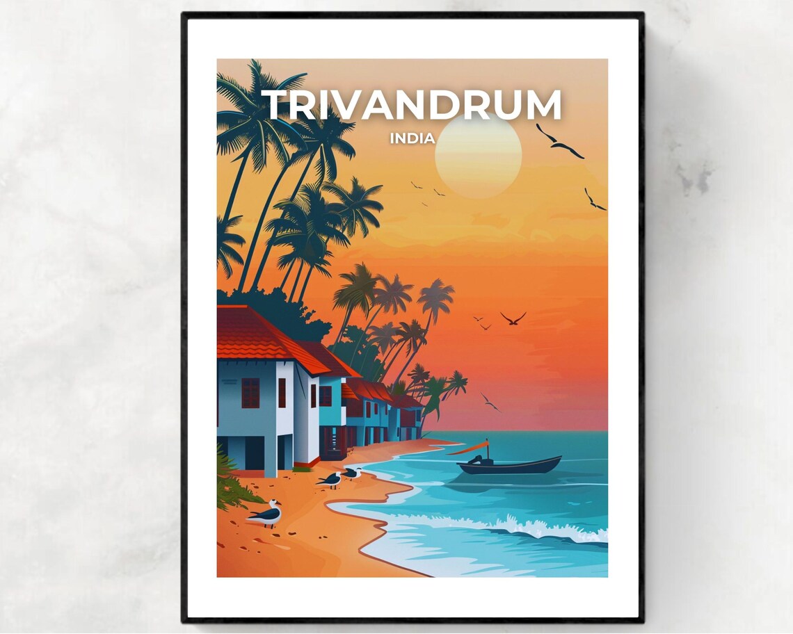 Trivandrum India Sunset Beach Houses Seagulls Coastal Travel Poster