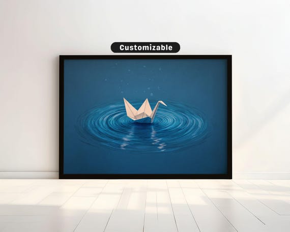 Stylized Water Ripple Around Floating Paper Crane Japanese Wall Art Print Zen Asian Decor