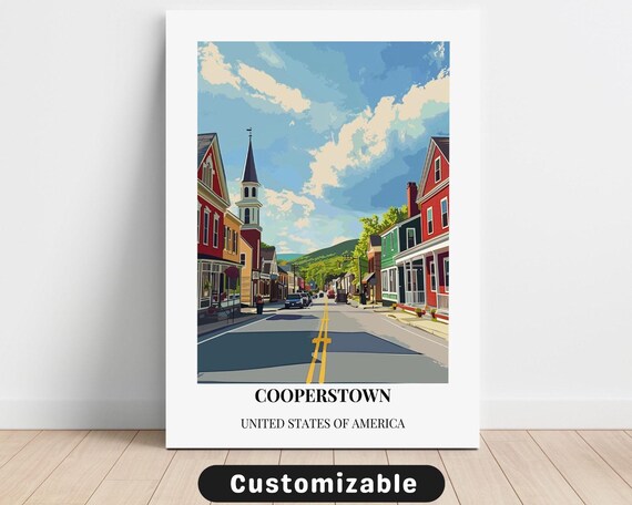 Cooperstown USA Vintage Travel Poster Colorful Downtown Street Scene