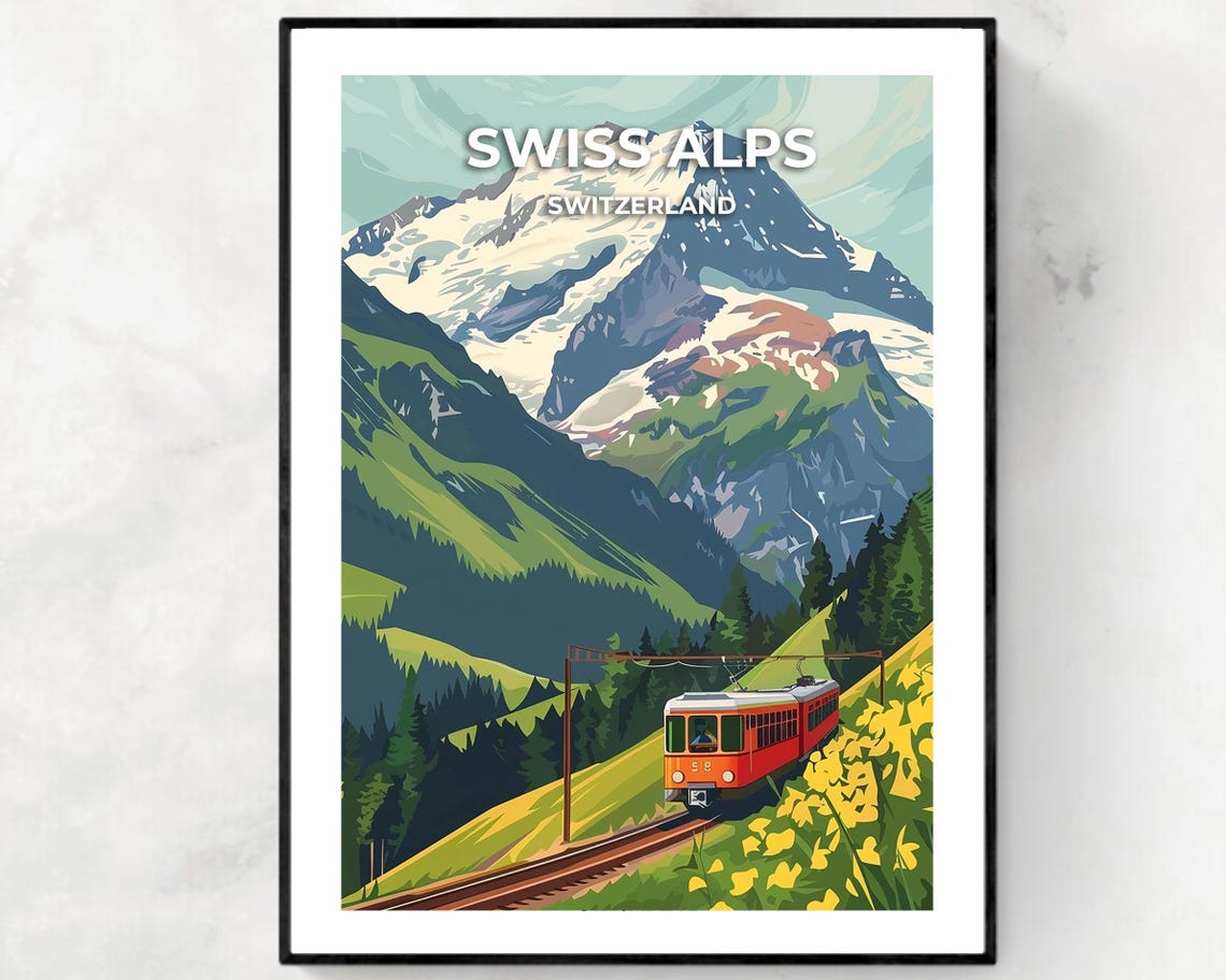 Swiss Alps Red Mountain Train Snowy Peaks Meadow Vintage Travel Poster