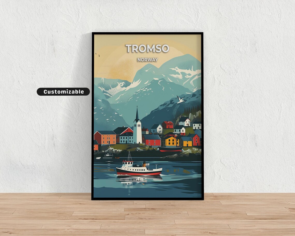 Tromso Norway Colorful Harbor Arctic Village Retro Travel Poster