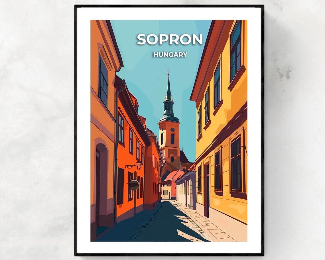 Sopron Hungary Old Town Street Church Tower Vintage Travel Poster