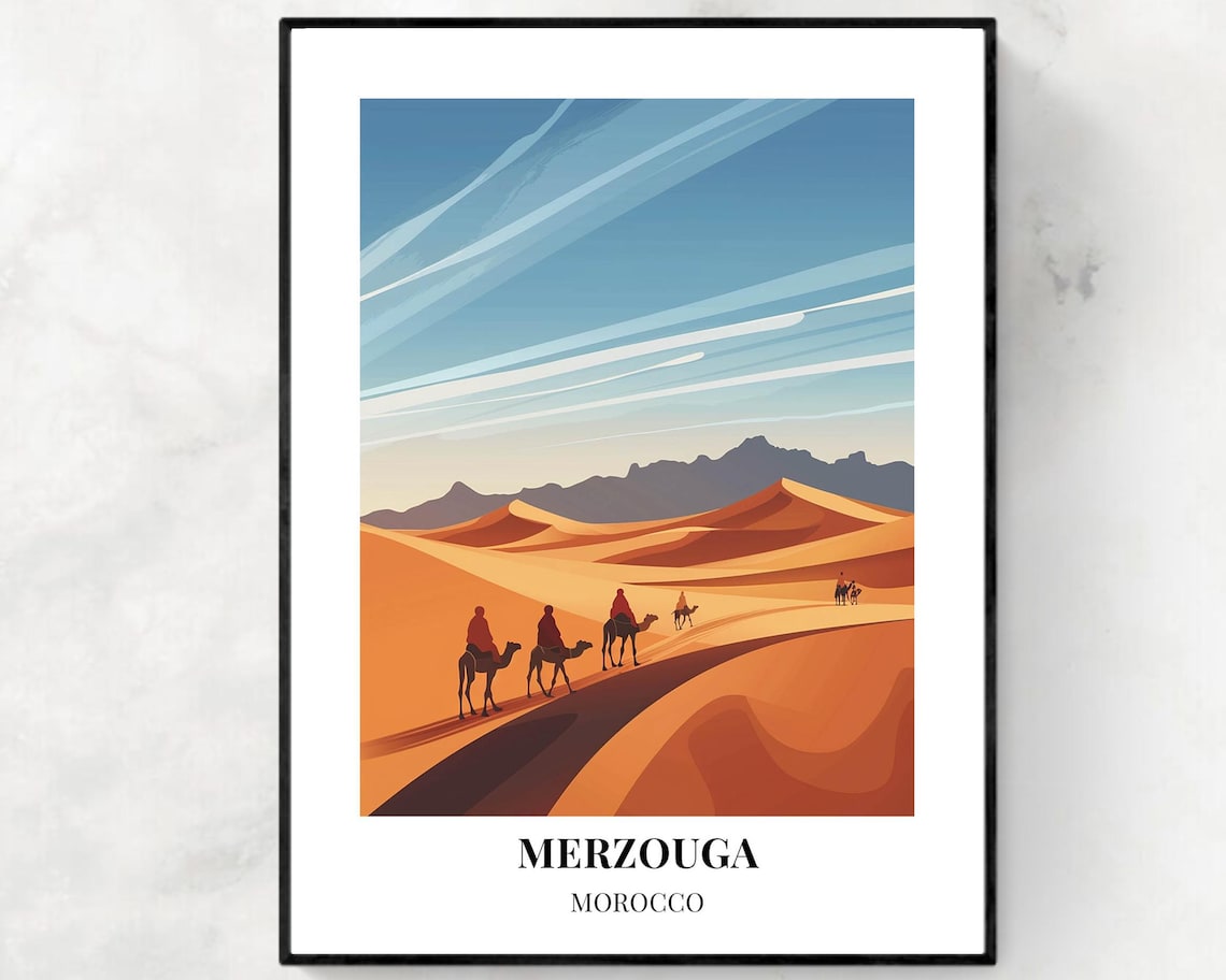 Merzouga Morocco Sahara Dunes Camel Caravan Golden Travel Poster