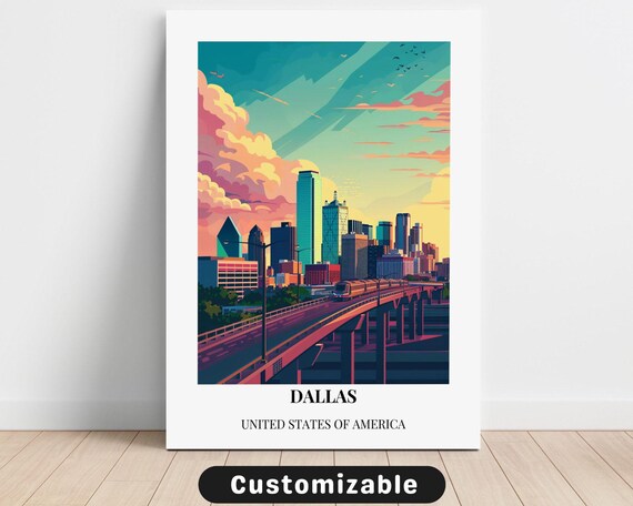 Dallas Skyline Elevated Train Sunset Clouds United States Travel Poster