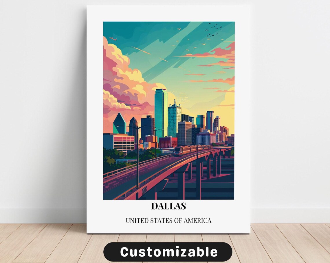 Dallas Skyline Elevated Train Sunset Clouds United States Travel Poster