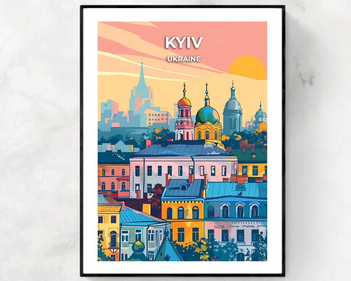 Kyiv Ukraine Sunset Skyline Cathedral Vintage Travel Art Poster
