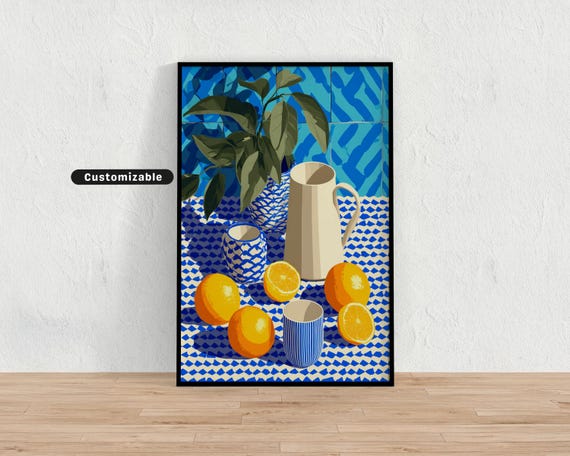 Still Life With Citrus Fruits Jug Patterned Cups And Bold Blue Tiles Mediterranean Colorful Wall Art Tropical Illustration Print Mod