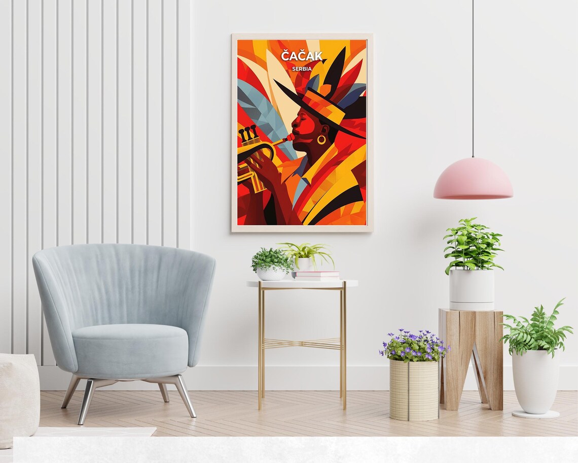 Cacak Fiery Trumpet Player in Bold Geometric Red Art Serbia Poster - Image 2