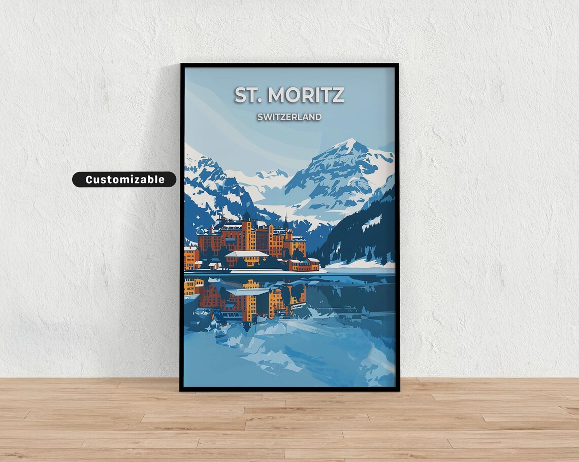 St Moritz Switzerland Alpine Lake Grand Hotel Winter Travel Poster