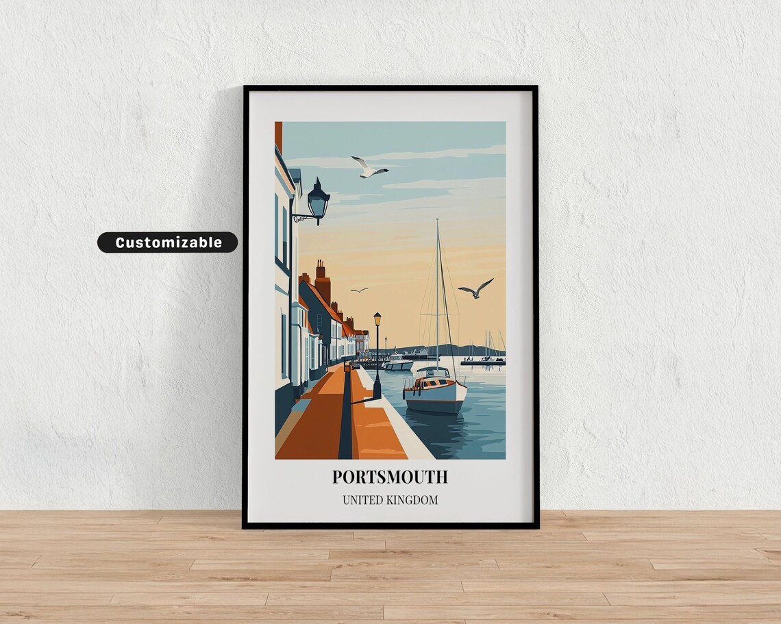 Portsmouth United Kingdom Harbor Promenade Boats Coastal Travel Poster