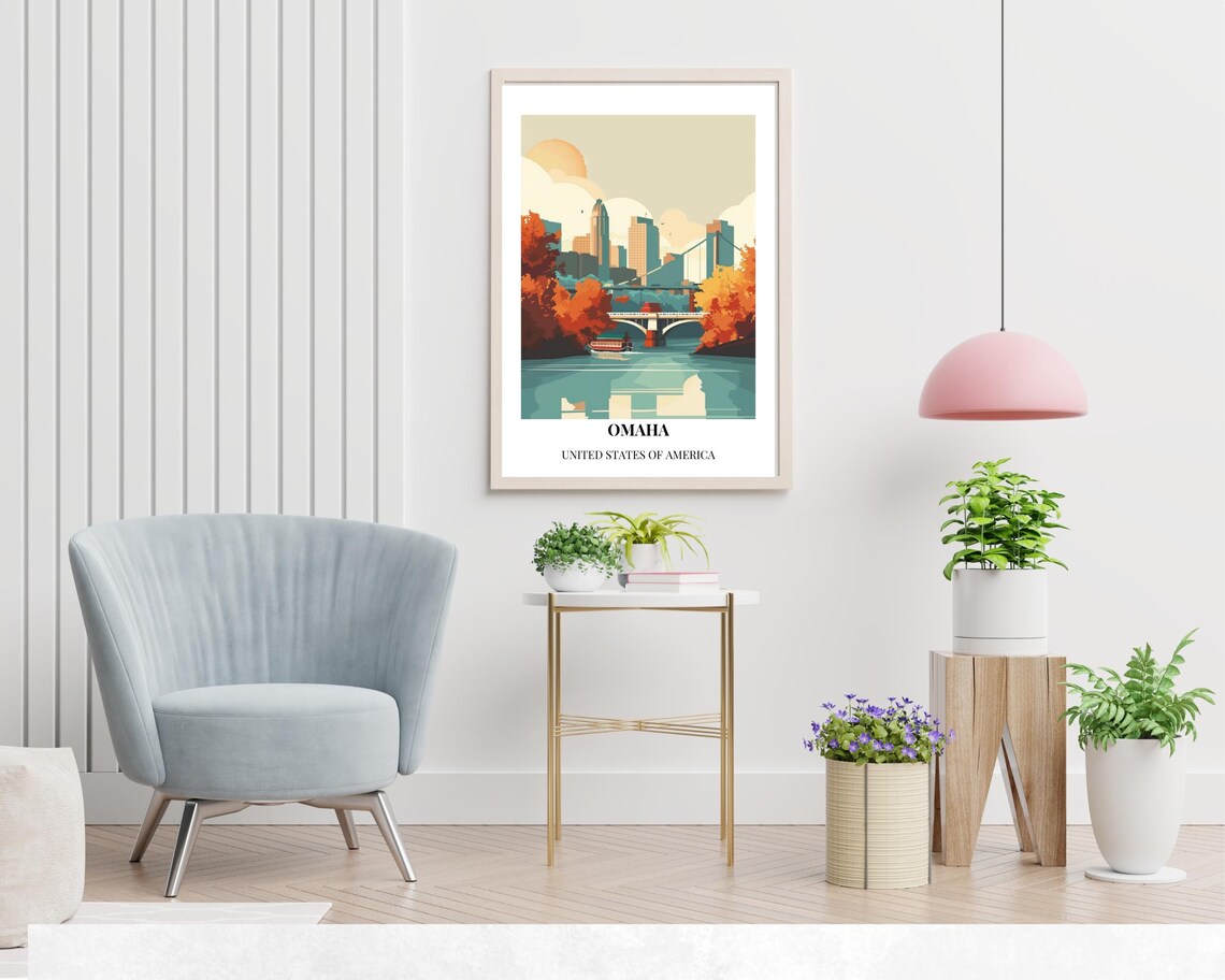 Omaha Nebraska Riverboat Bridge Autumn Skyline Travel Poster - Image 2