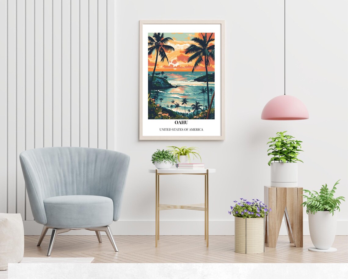 Oahu Hawaii Sunset Palms Ocean View Tropical Style Travel Poster - Image 2
