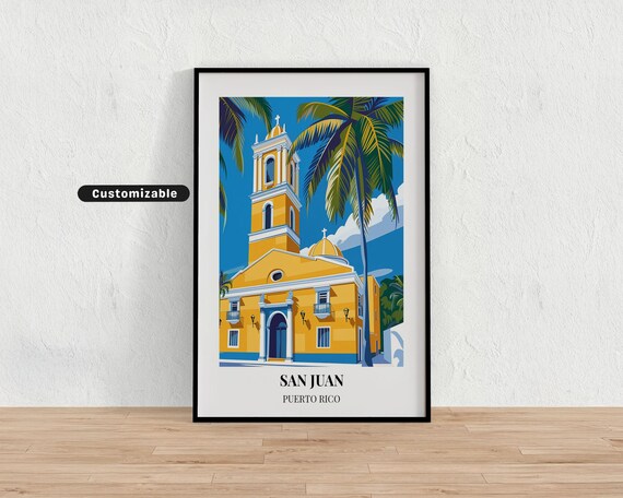 San Juan Puerto Rico Yellow Colonial Church Palm Travel Poster