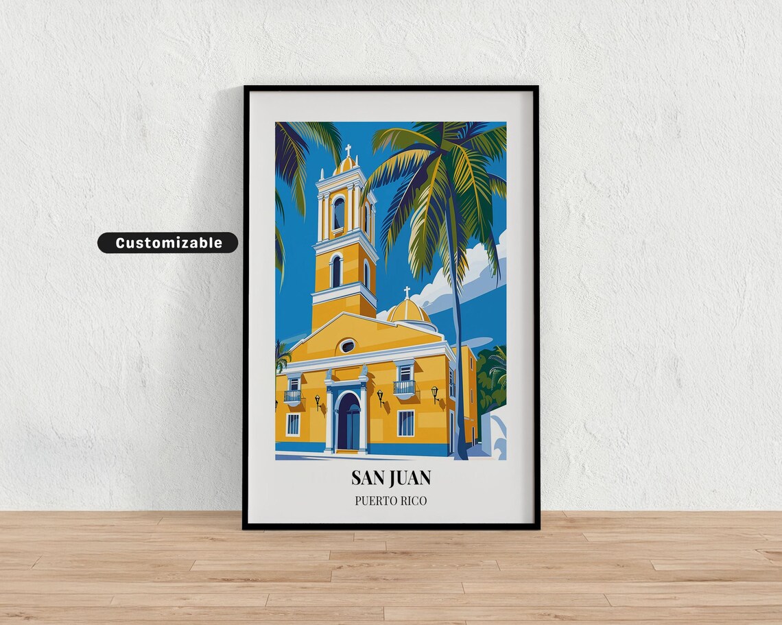 San Juan Puerto Rico Yellow Colonial Church Palm Travel Poster