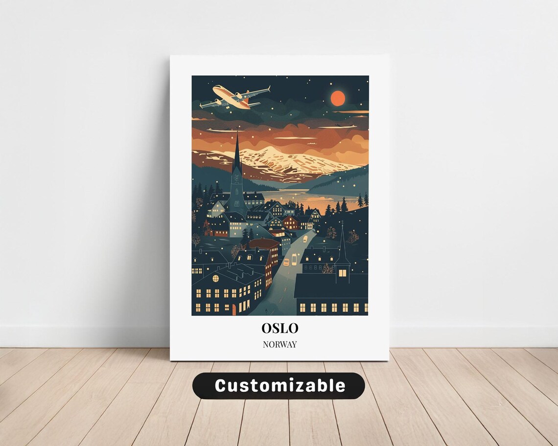 Oslo Norway Night Airplane Mountains Harbor Vintage Travel Poster