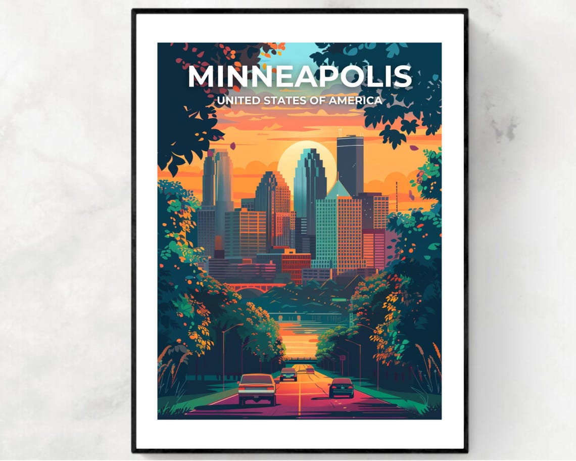 Minneapolis Sunset Skyline Through the Trees Poster Top Title