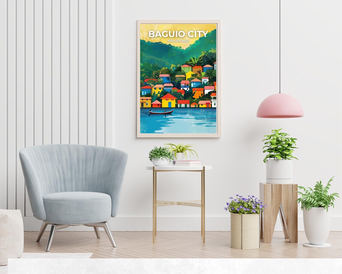 Baguio City Colorful Lakeside Houses and Boat Philippines Poster - Image 2