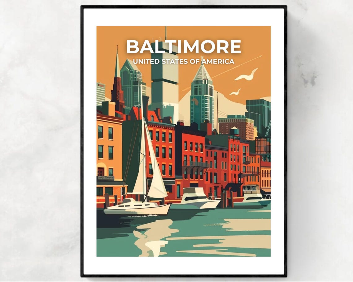 Baltimore Harbor Sailboats Brick Waterfront Top Title Travel Poster