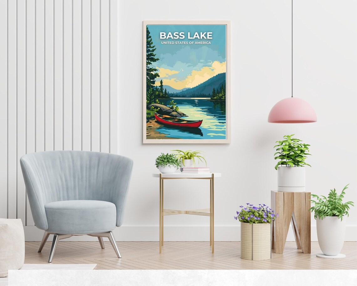 Bass Lake Canoe Shoreline Mountain Lake Sky Banner Travel Poster - Image 2