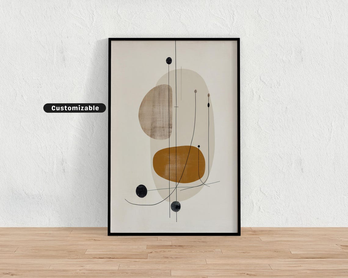 Abstract Beige Shape With Line And Dot On Clean White Poster Neutral Wall Art Print Minimalist Modern Decor