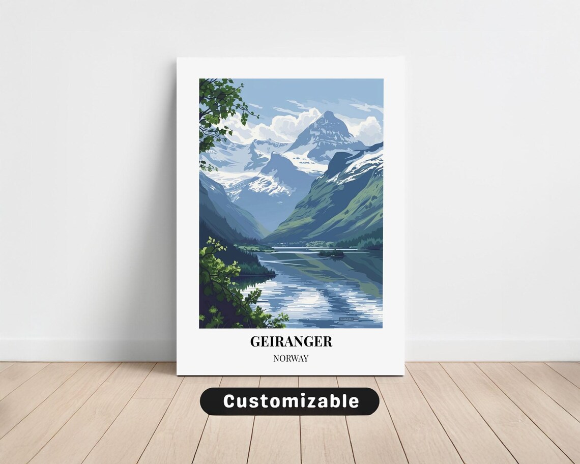 Geiranger Norway Snowy Fjord Mountains Vintage Travel Poster